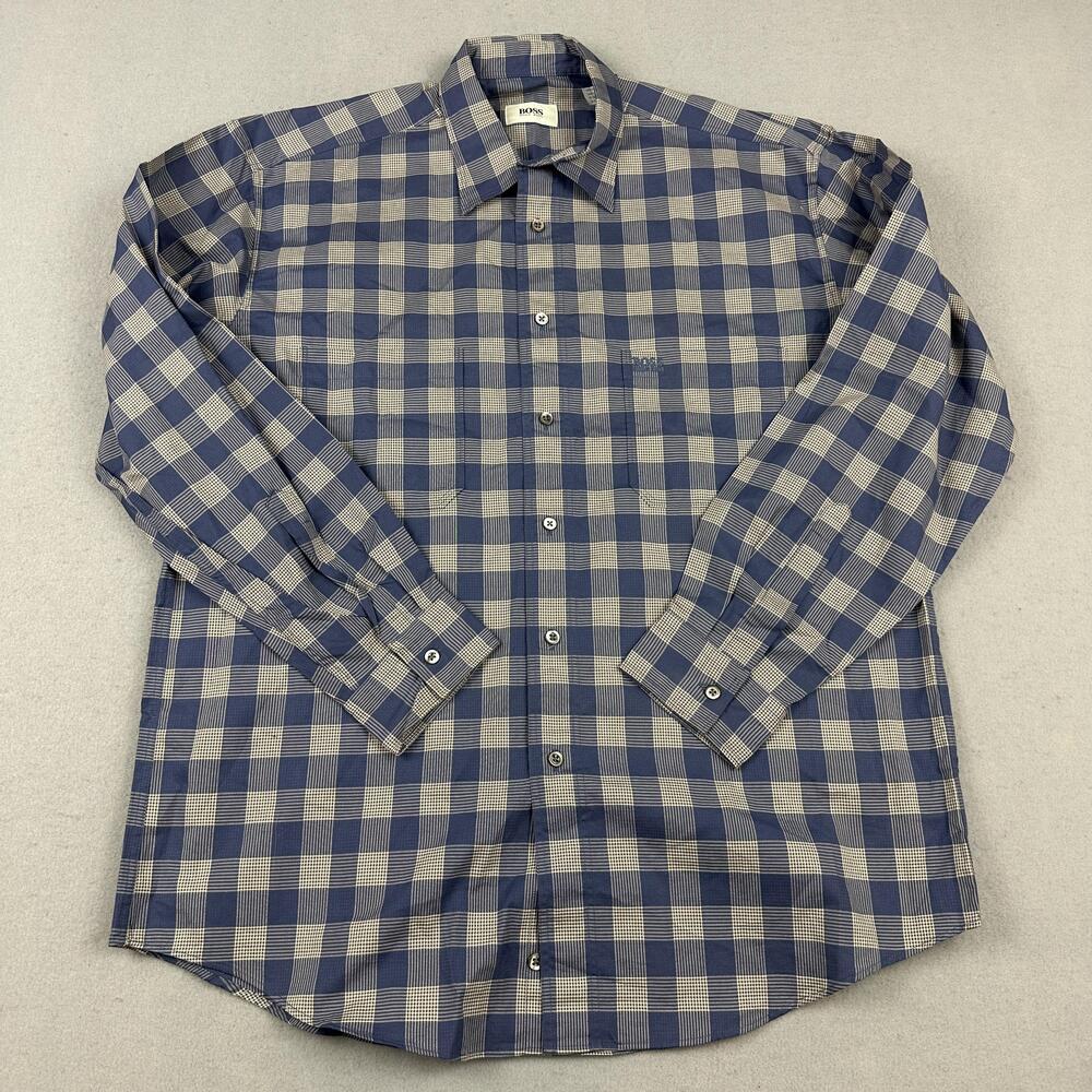 HUGO BOSS Shirt Men Large Blue Plaid Cotton Button Up Long Sleeve Embroidered L